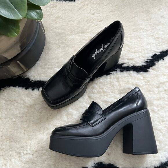 Free People Zoe Black Leather Chunky Platform Loafers - Picture 4 of 8